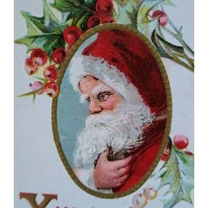 Santa Claus In Oval Xmas Greetings Christmas Postcard Embossed Original Vintage